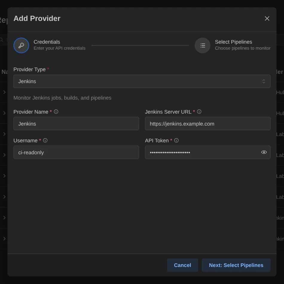 Add Provider dialog with Jenkins credential fields