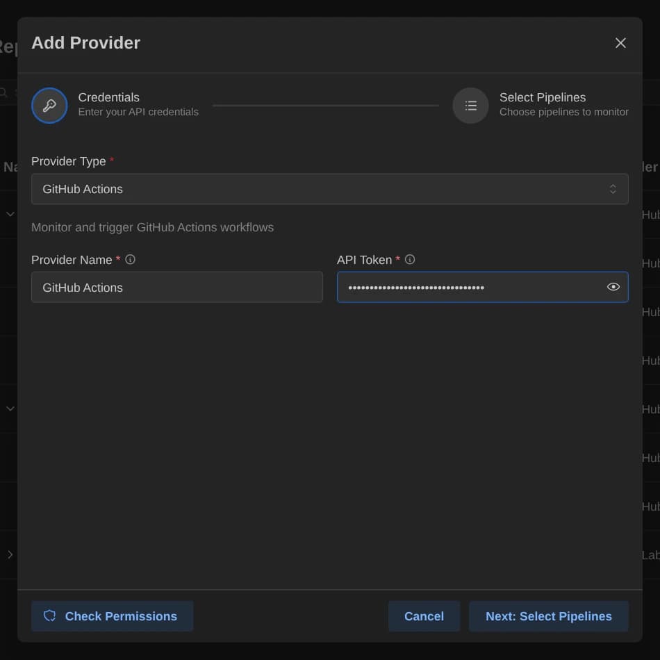 Credentials step with GitHub Actions selected and the API Token field filled