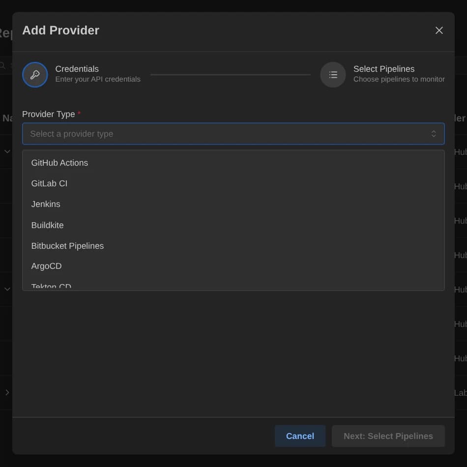 Provider Type menu listing the seven supported providers