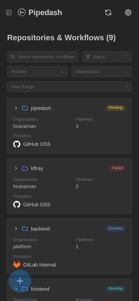 Pipelines page as cards on a phone