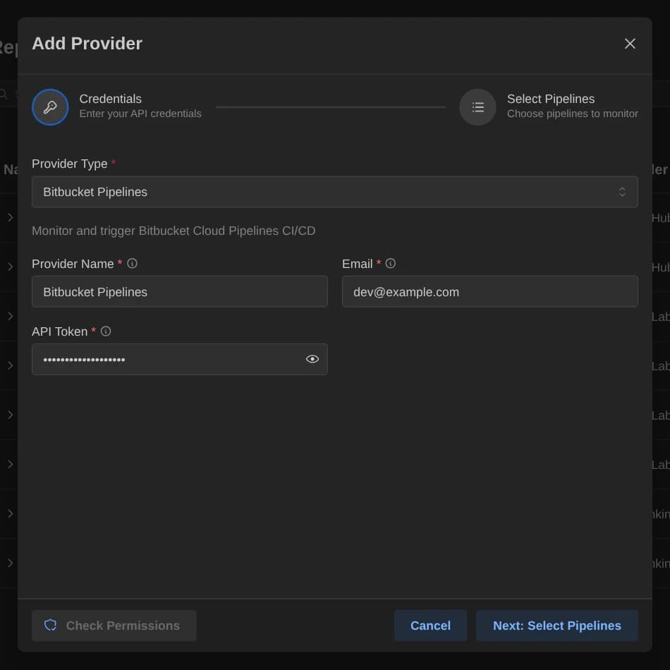 Add Provider dialog with Bitbucket Pipelines credential fields