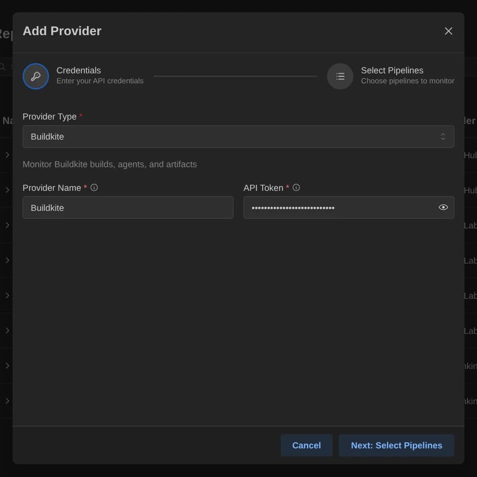 Add Provider dialog with Buildkite selected and its credential fields
