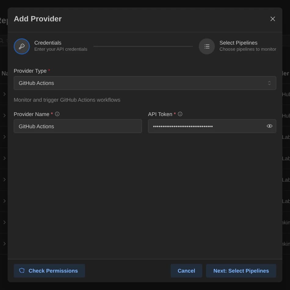 Add Provider dialog with GitHub Actions credential fields