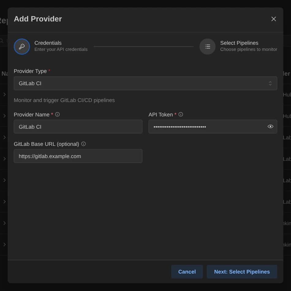 Add Provider dialog with GitLab CI selected and its credential fields