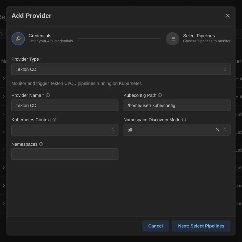 Add Provider dialog with Tekton CD selected and its credential fields