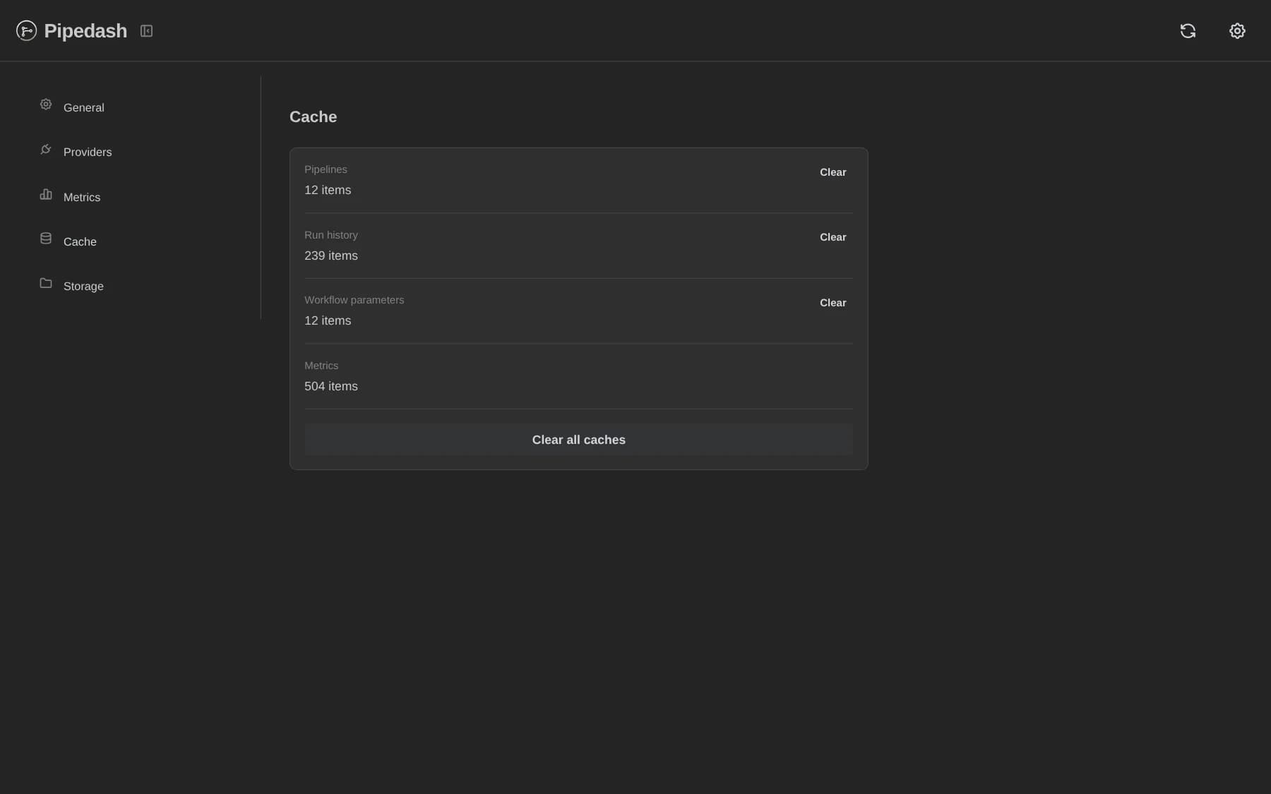 Settings, Cache page with counts and Clear buttons