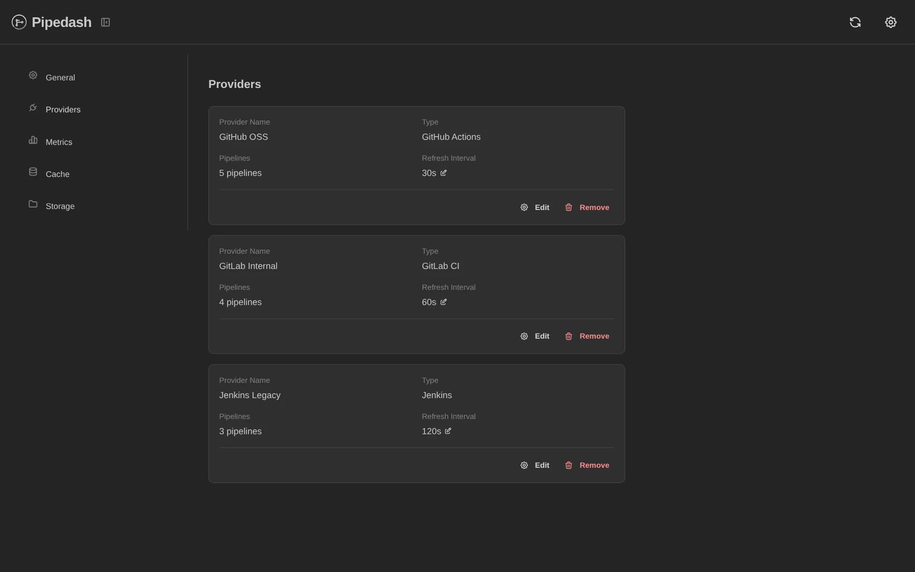 Settings, Providers page listing three configured providers