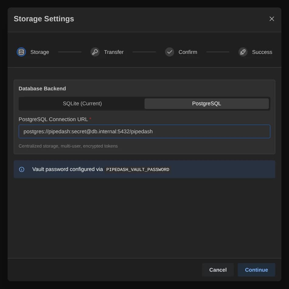 Storage step with PostgreSQL selected and a connection URL