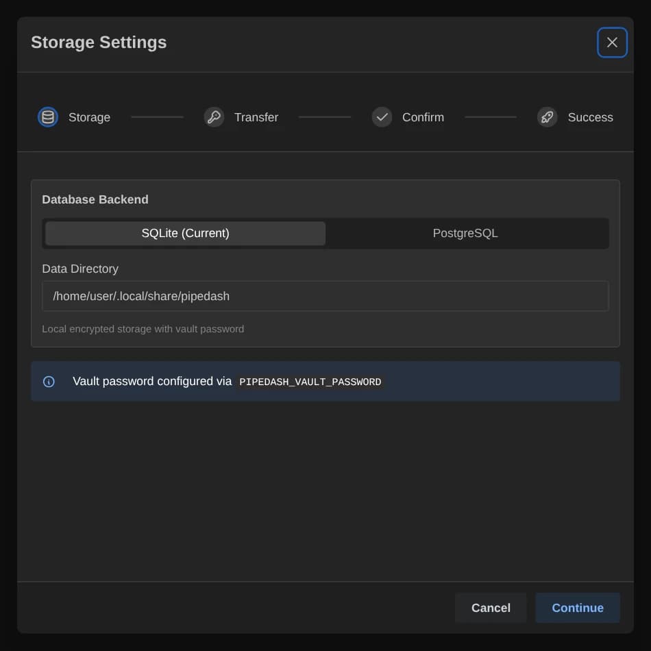 Setup wizard on the Storage step with SQLite selected