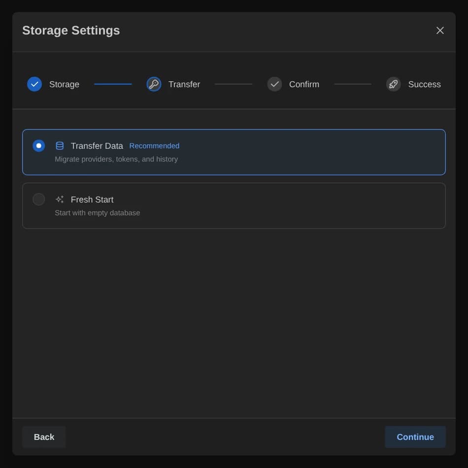 Transfer step offering Transfer Data or Fresh Start
