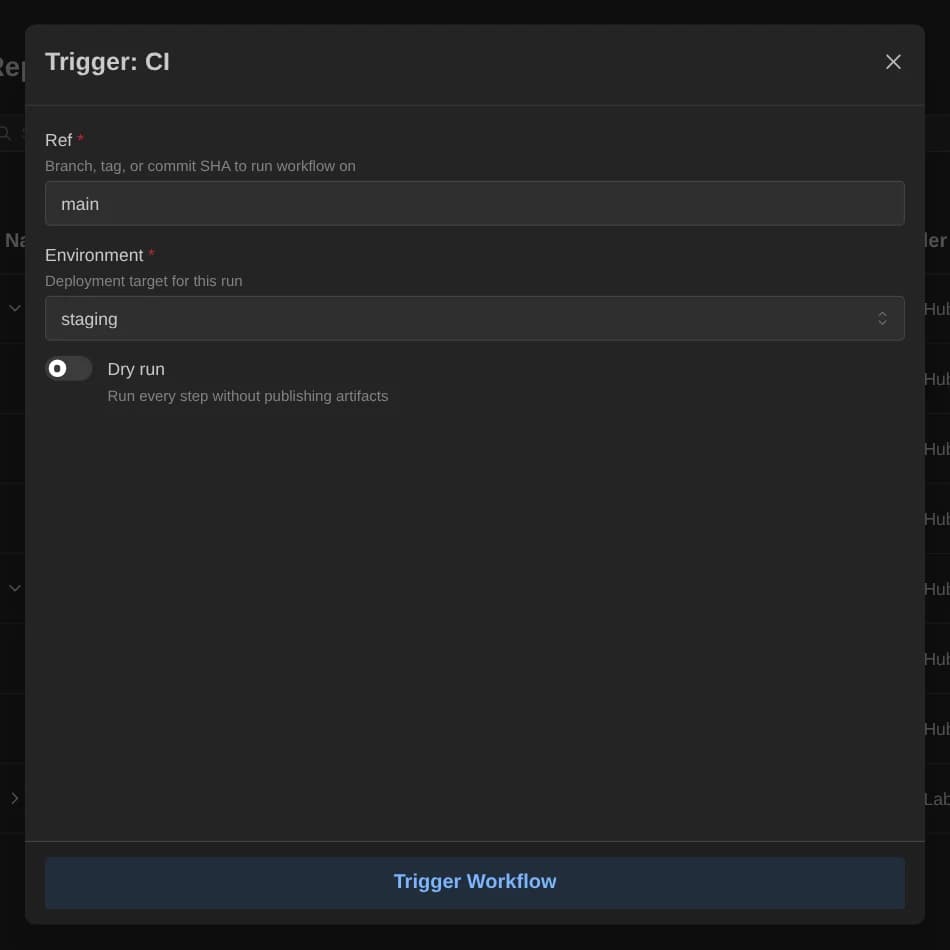Trigger dialog with Ref, Environment and Dry run