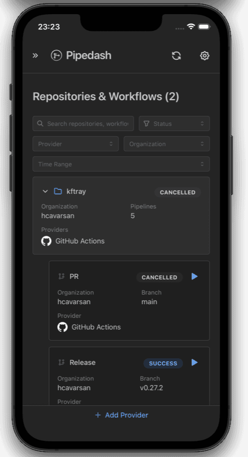 Pipedash on an iPhone showing repositories and workflows as cards